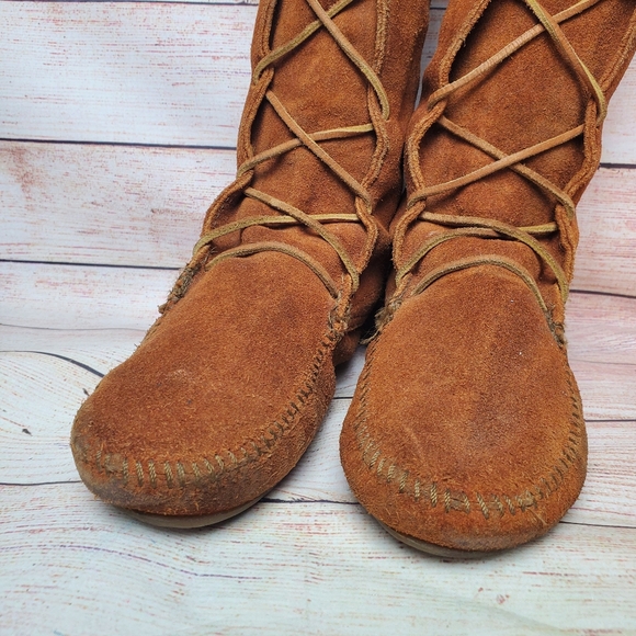 Minnetonka 1422 Brown Leather Knee High Fringe Moccasin Boots Womens Sz 8 - Picture 5 of 16